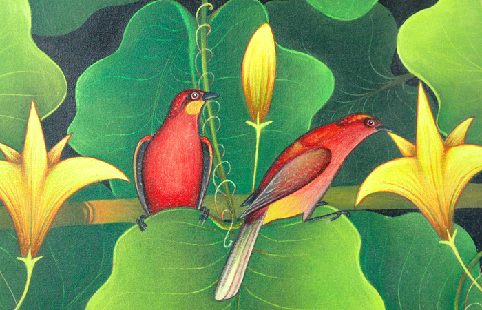 バリの鳥と花の絵画アップ